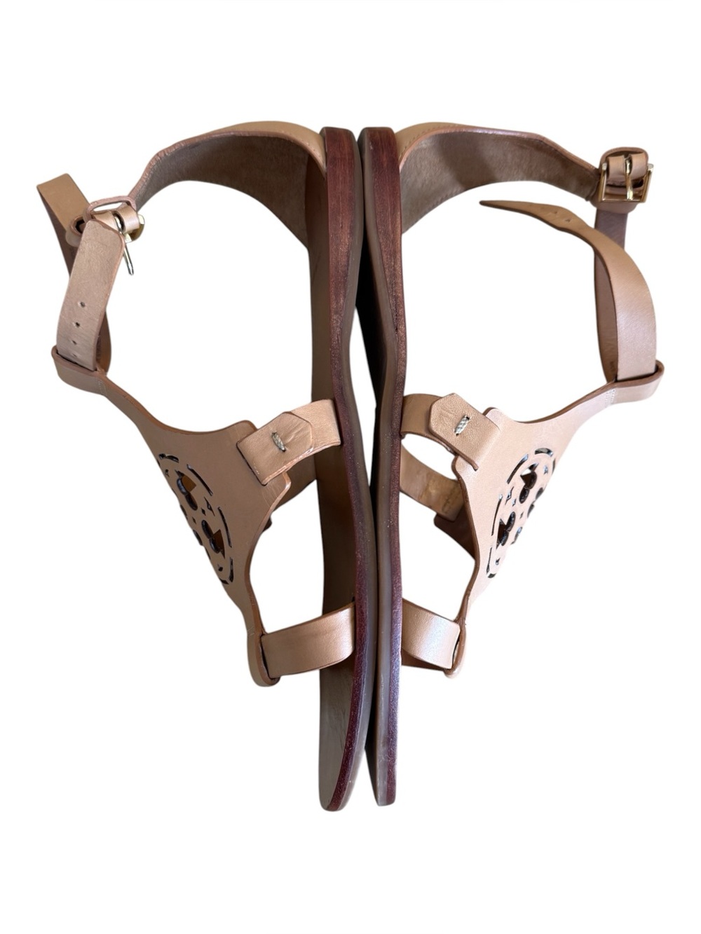 Tory Burch Zoey Leather Flat Sandals 7.5 Tan Nude Resort Vacation Summer Shoes - Picture 6 of 10